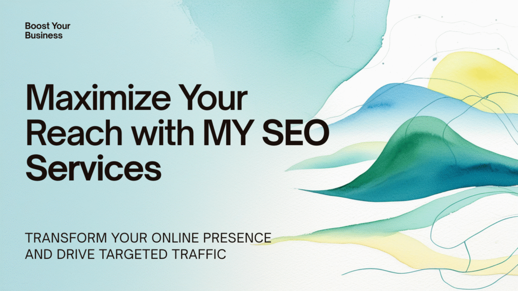 Best digital marketing agency Promotional graphic with abstract pastel waves and bold text that reads ‘Maximize Your Reach with MY SEO Services. Transform Your Online Presence and Drive Targeted Traffic.’ Designed to advertise digital marketing and SEO solutions for boosting business visibility."