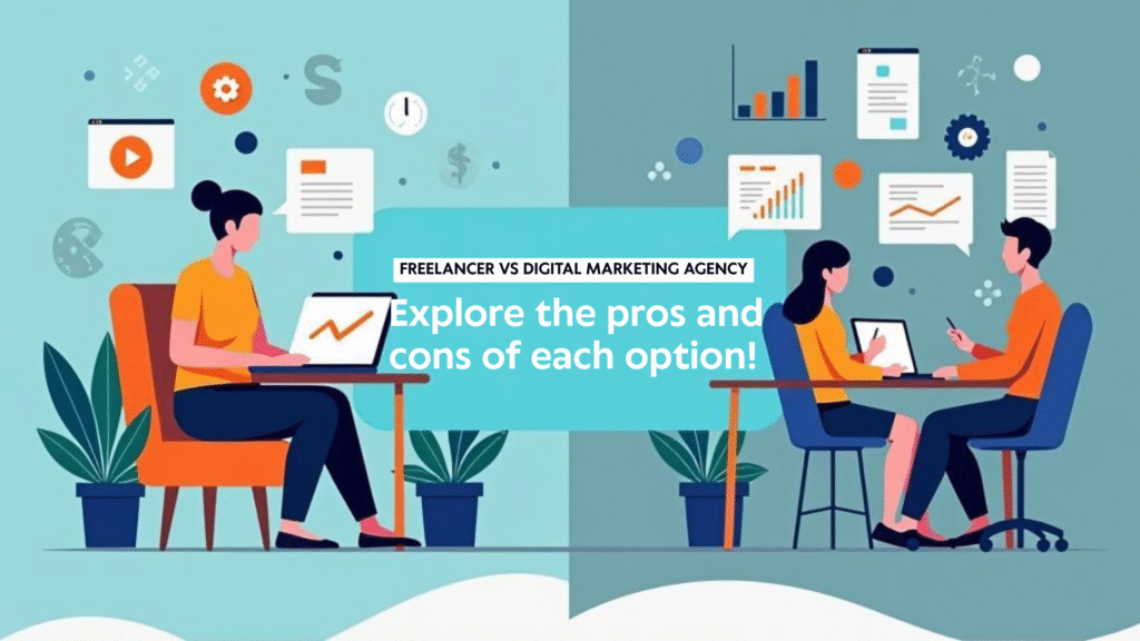 Illustration comparing freelancer vs digital marketing agency — left side shows a solo freelancer working on a laptop, right side shows a team meeting in an agency setting with charts and analytics icons, highlighting the pros and cons of each option.